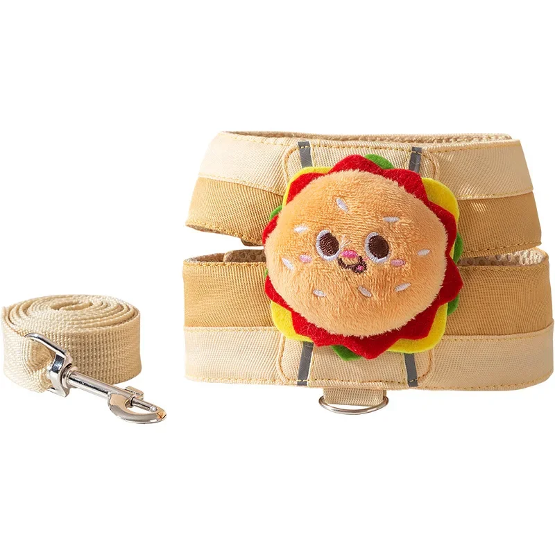 Pet Chest Harness with Rope for Cats and Dogs, Cartoon Hamburger Chips Design, Walking Tow Rope, Escape Proof Vest Cat Collar