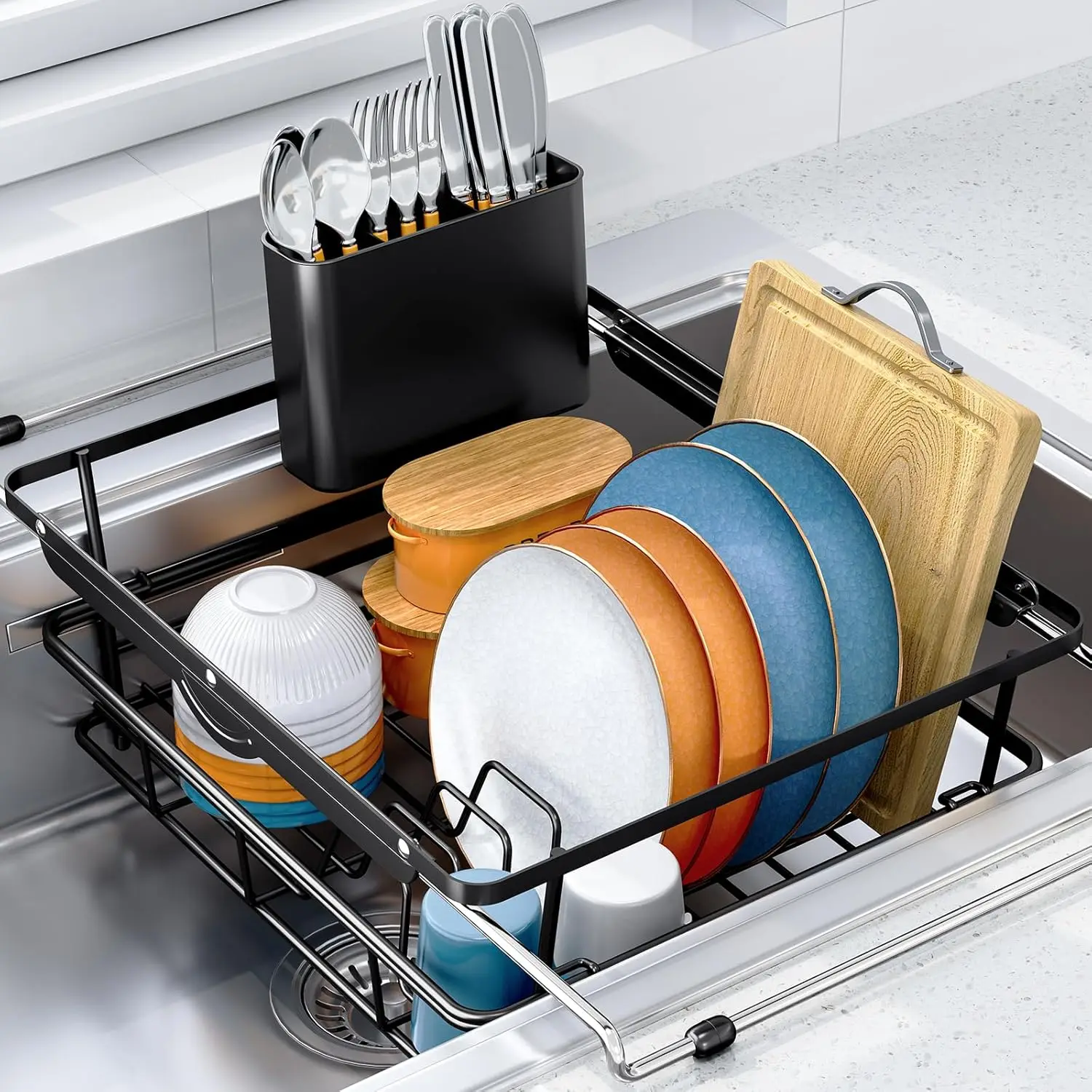 

Раздвижная сушилка для посуды из нержавеющей стали над раковиной с держателем для столовых приборов, регулируемый дренажный поддон для использования на столешнице