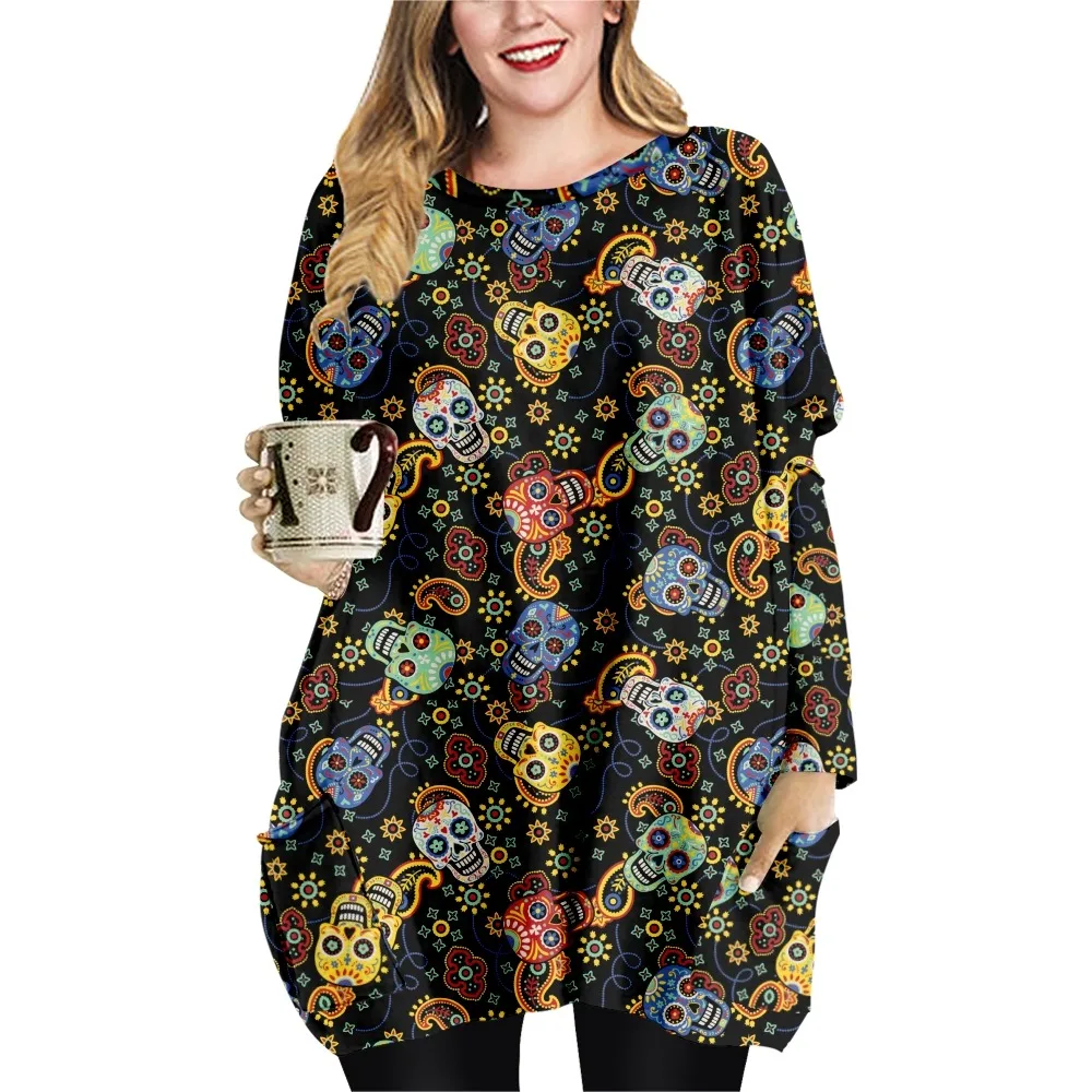 NEUE Schädel Druck Frühling Herbst Lose Beiläufige Stil Damen T-shirt Doppel Tasche Kleid Rundhals Langarm Kleid-