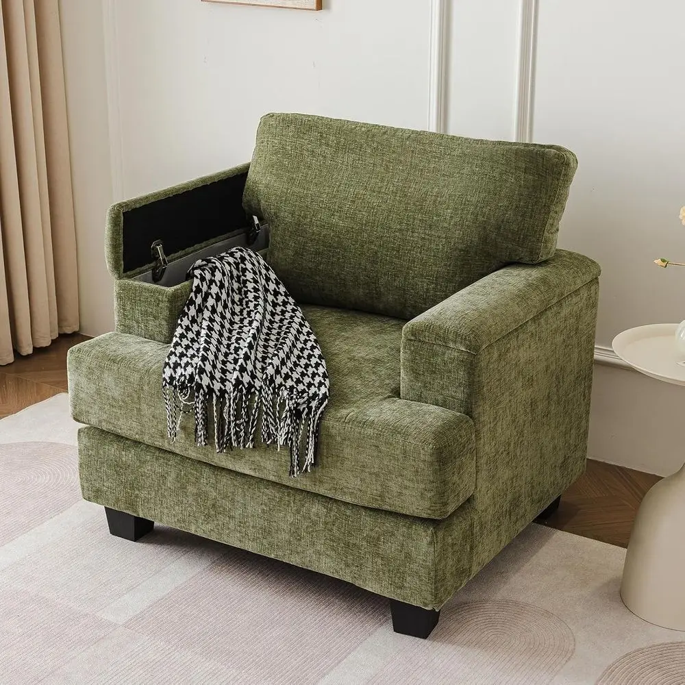 Large Comfortable Accent Chair with Armrest Storage, Plush Cushioned Living Room Furniture, Green Upholstered Armchair for Readi