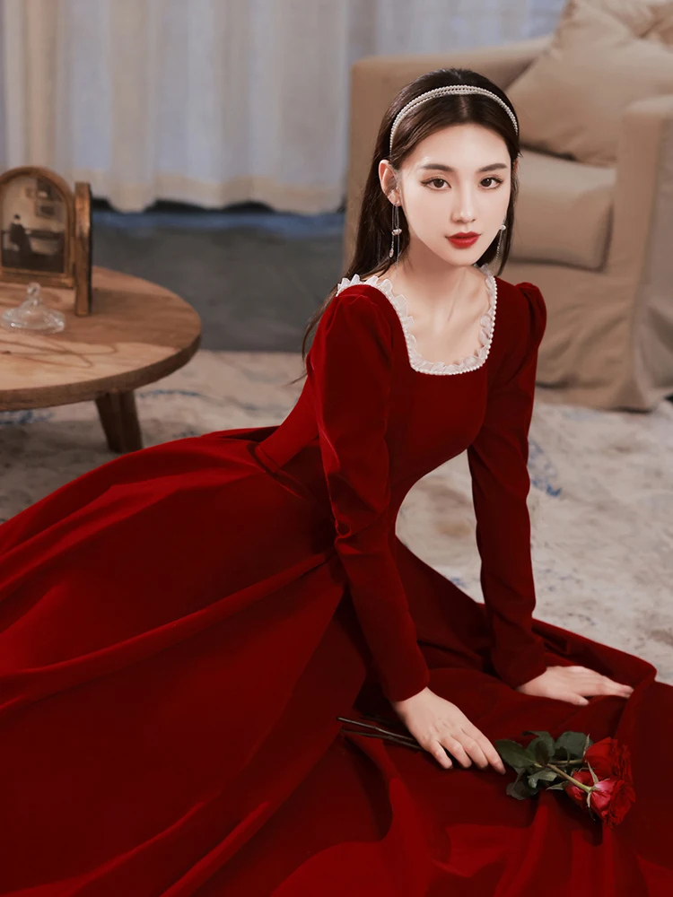 

Red Velvet Evening Gown Wedding Dr for Bride Summer New Sle Ele Sensation Long Sve Floor Length Korean Sle