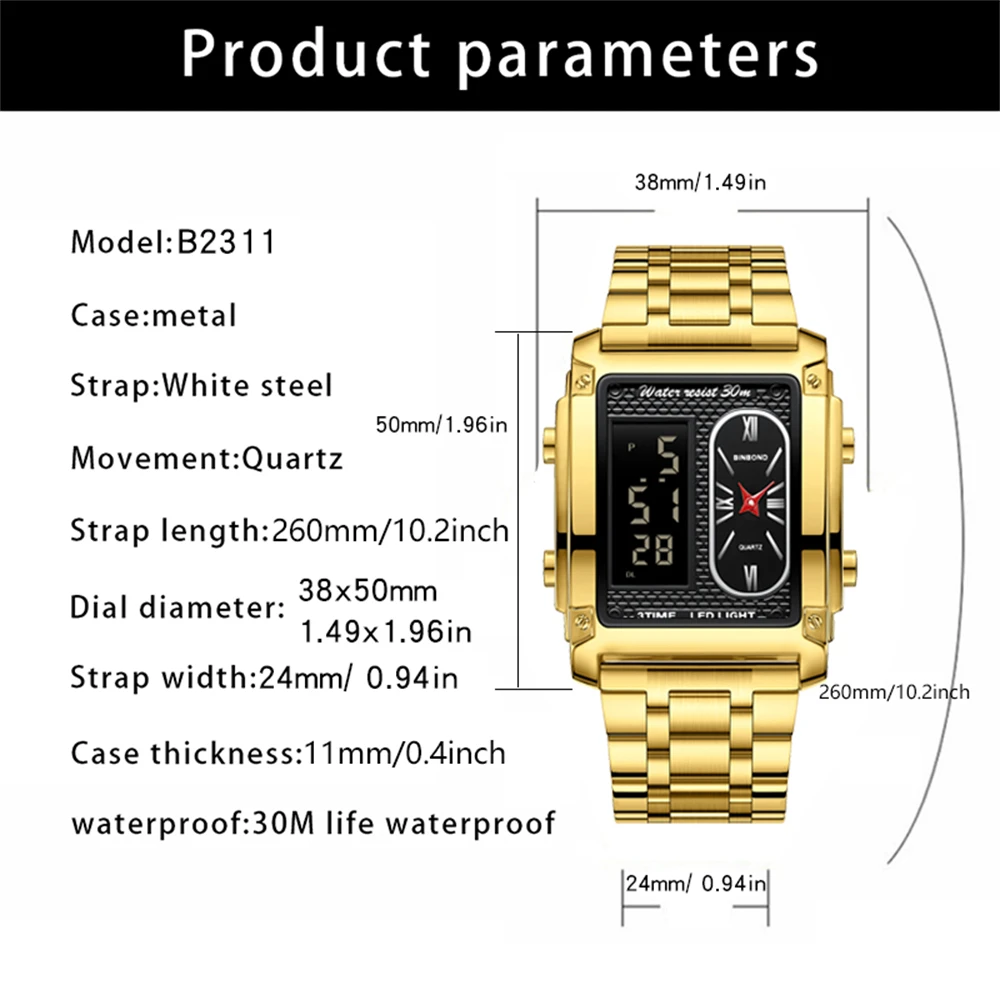 BINBOND мужские часы бизнес-бренд квадратные спортивные двойной дисплей электронные водонепроницаемые стальные ремни мужские модные кварцевые часы