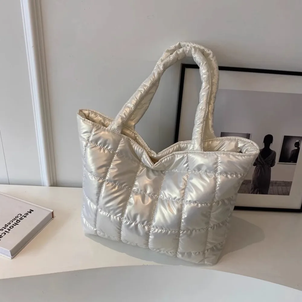 

Korean Style Down Cotton Shoulder Bag Large Capacity Solid Color Puffy Bag Space Cotton Checkered Nylon Handbag Girls