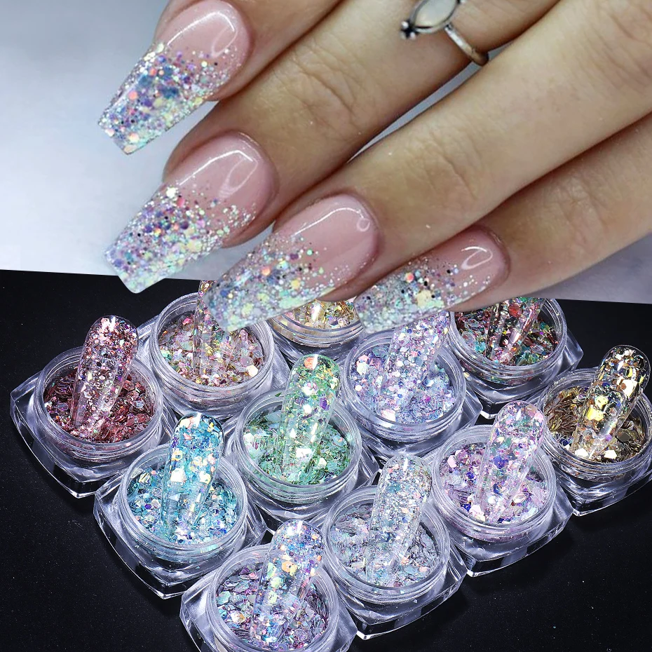 Mélange de paillettes scintillantes pour ongles, 12 pièces, flocons holographiques, poudre pour Nail Art, vernis Gel, bricolage, accessoires de décoration de manucure, outils