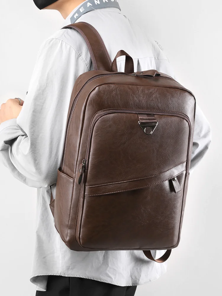 New Business PU Leather Men's Backpack, Multi-functional Waterproof Computer Bag, Simple and Large-capacity Student Schoolbag