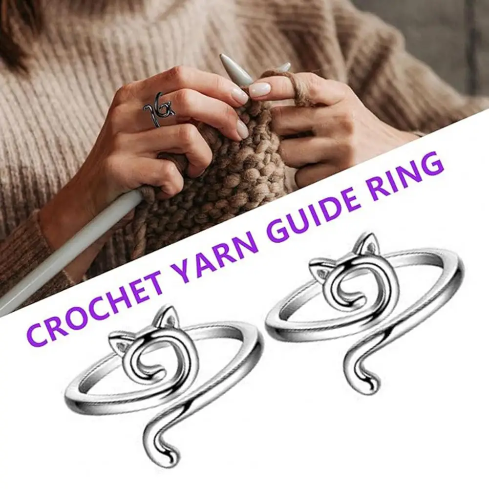 6Pcs Crochet Ring Adjustable Yarn Tension Ring Set Non-Slip Cat Peacock Shape Knitting Ring Sewing Supplies