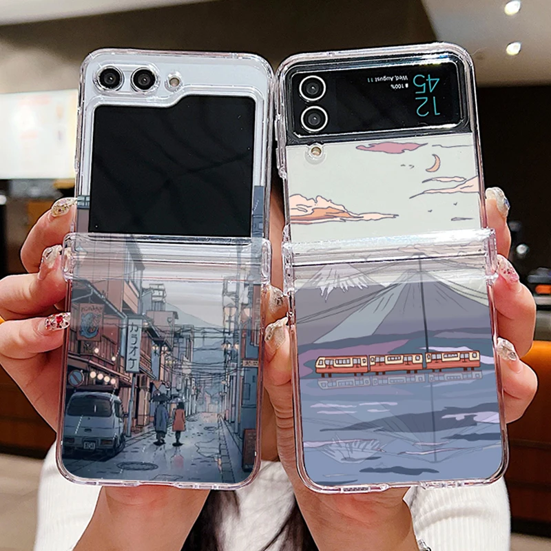 Landscape Pattern Clear Phone Case For Samsung Galaxy Z Flip 7 FE 6 5 4 3 5 Shockproof Folding Hard PC Cover For Samsung Z Flip5