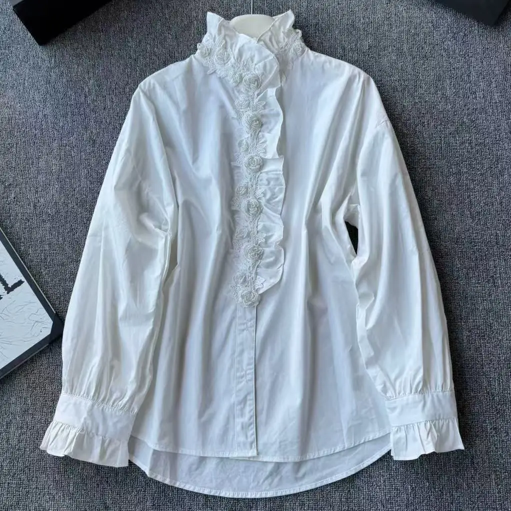 女性用長袖ブラウスとシャツ,ハイエンド,3Dビーズ,花のステッチ,綿,黒,白,エレガント,婦人服