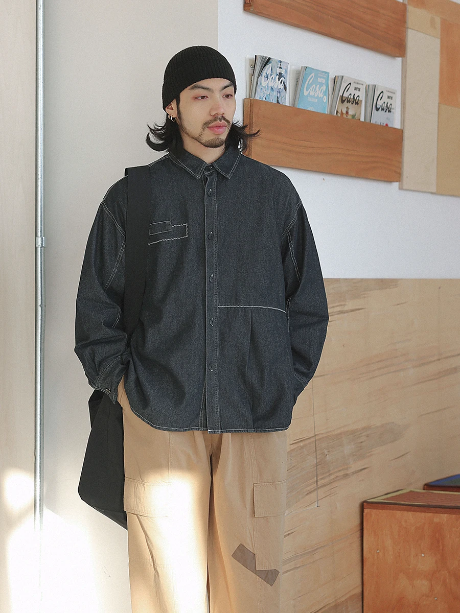 

Loose Long Sve Square Collar Denim irt Spring Vintage Design Sensation Breathable Cotton Polyester Blend Men's irt