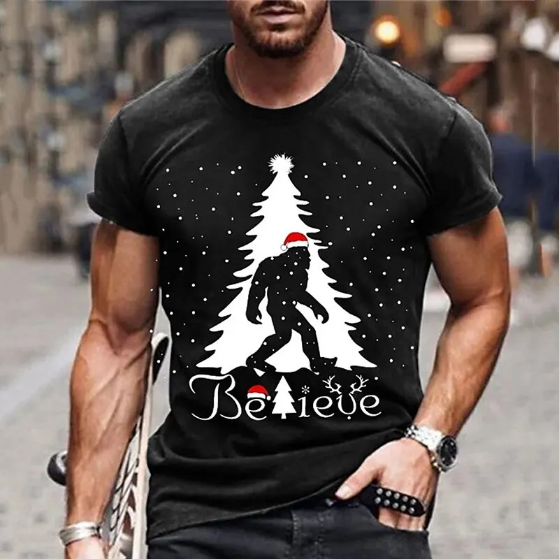 

Summer Funny 3D Christmas Tree Print Men's T Shirt Fashion New Year Short Sleeve Casual O-neck Loose Pullover Top X'mas Clothing