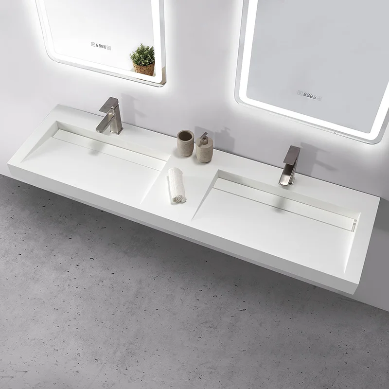 Long Artificial Marble square stone sink bathroom wall hung vanity double wash basin for project