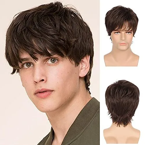 

Men wigs Men's wig New Men's Short Straight Hair Brown Wig Fluffy Wig Long Bangs Chemical Fiber Headgear Men wigs