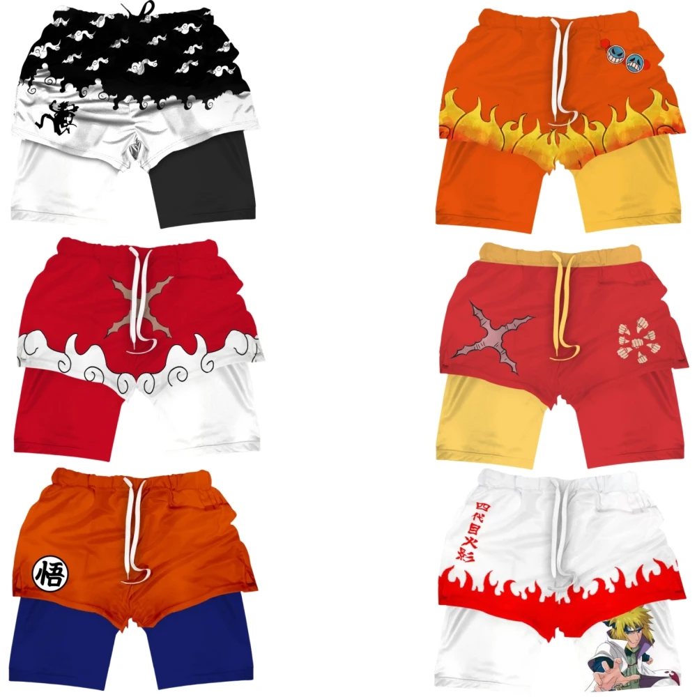 Anime Shorts Dragon Ball NARUTO One Piece 2-in-1 Breathable Gym Training Short Pants Men Workout Track Sweat-absorbent Shorts