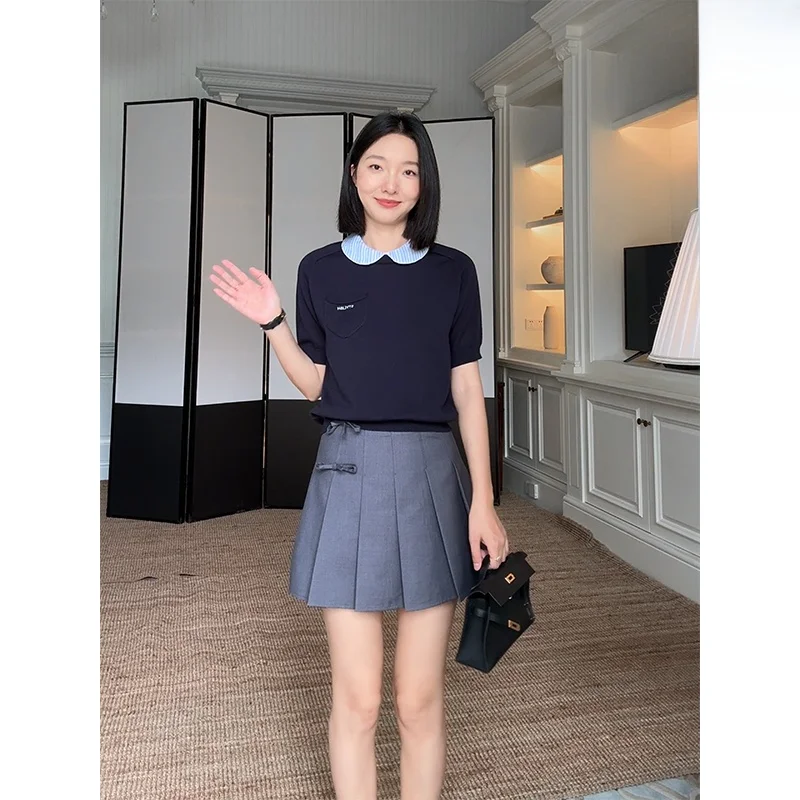 

Летний комплект для похудения с эффектом двухслойности, в стиле колледж, с воротником-куклой, из лиоцелла, женский модный комплект G925A08862