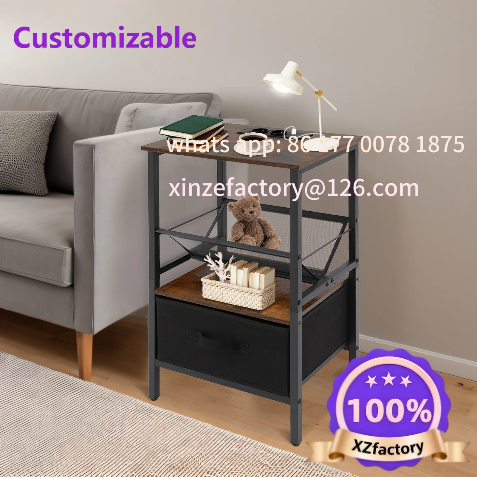 Customizable Bedside Table with Charging Station Small End Table Modern Nightstand with USB Ports and Socket