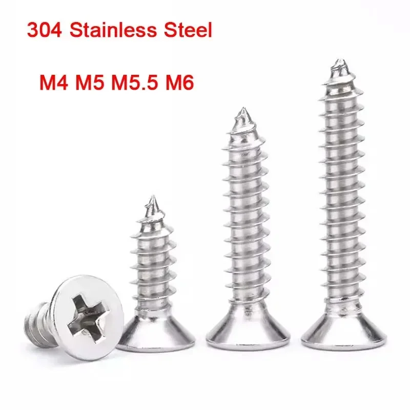 10-20Pcs M4 M5 M5.5 M6 304 Stainless Steel Countersunk Self Tapping Cross Screw Flat Head Phillips Screws for Wood Wall