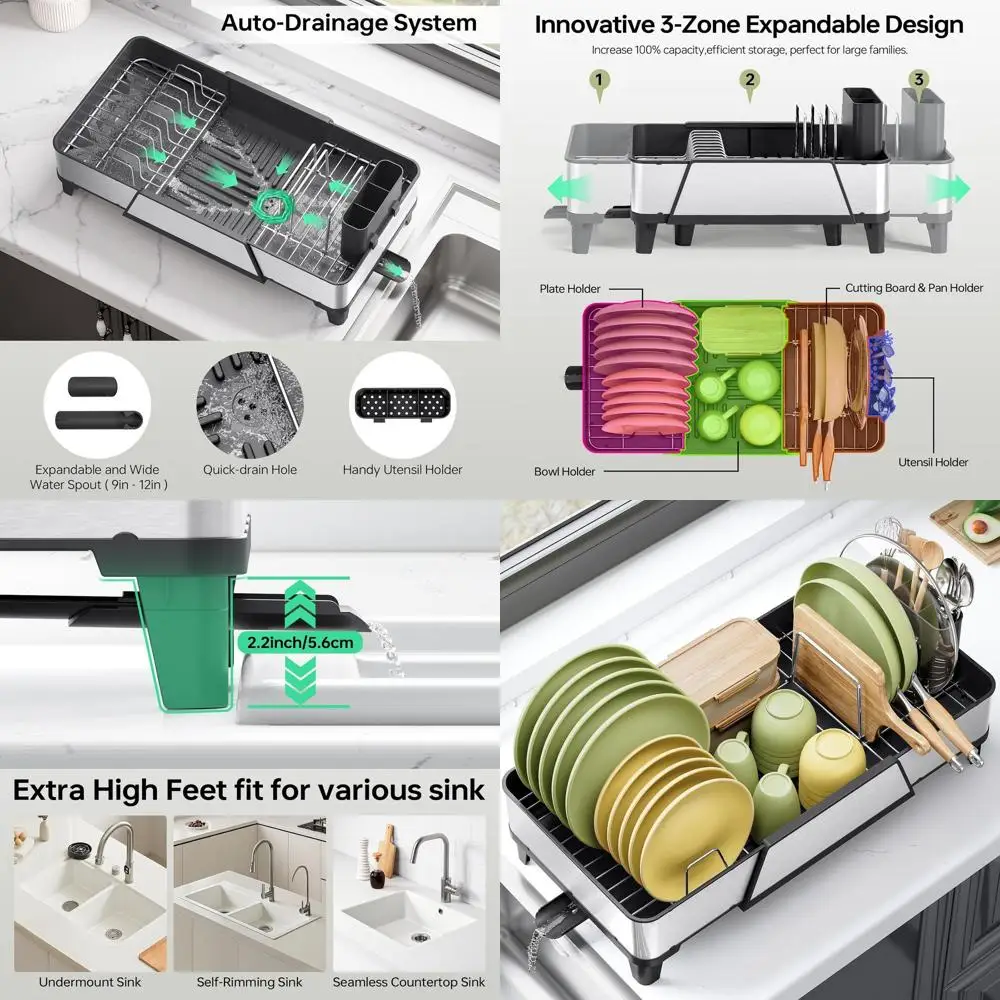

Large Dish Drying Rack - Triple Expandable Dish Rack or Kitchen Counter, StainlSteel Sink Organization and Storage entials with