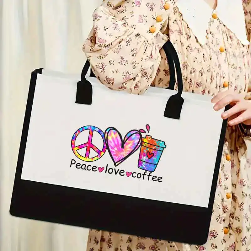 

Shoulder Bag Canvas Tote Bag Peace Love Coffee Women Shopping Bag Student Female Reusable Handbags