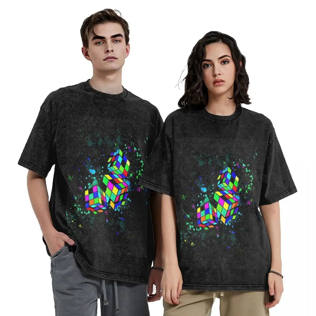Rubix Rubiks Rubics Hip Hop Short Sleeve T-Shirts Washed Tops Tees Streetwear T Shirt Printed for Men Women