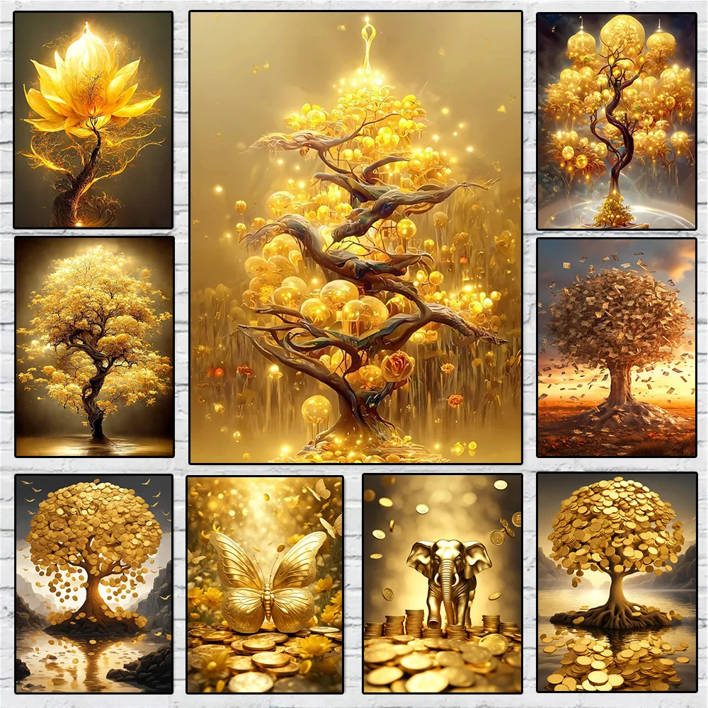 Luck Money Tree 5D DIY Diamond Painting Golden Butterflies Money River Full Drills Mosaic Kits Embroidery Cross Stitch Poster