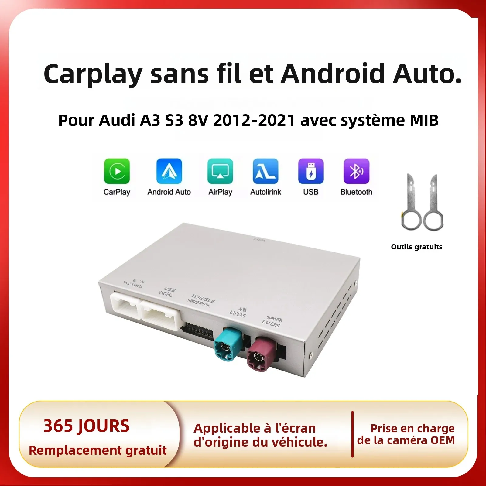 AUTOABC – CarPlay sans fil pour Audi A3 S3 8V 2012 – 2021, Android Auto avec lien miroir, caméra de recul AirPlay, fonctions de Navigation