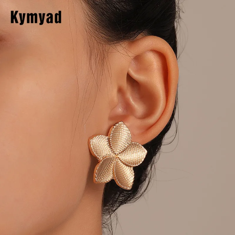 Kymyad Gold Color Stud Earrings For Women Bohemian Flower Earrings Fashion Metal Five Pcs Flowers Statement Earring