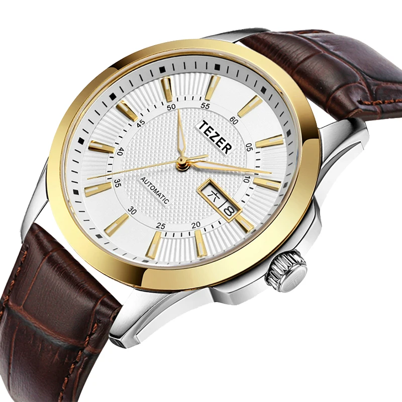 TEZER Men Automatic Watch | Brown Leather Strap | Two Tone Gold Bezel | Day Date Window Business Wristwatch