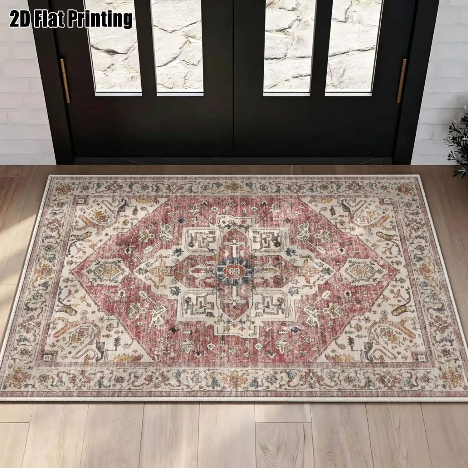 1Pc 2D Printed Retro Red-Brown Geometric Velvet Carpet, Machine Washable, Multi-Size for Home Decor & Multi-Scene Use