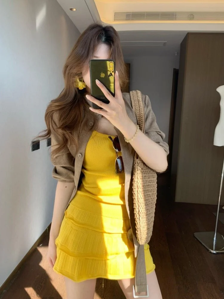 Dopamine Yellow Knitted  Skirt Women's Slim Fit A-Line Skirt Summer New Style Korean Version Polyester Fiber Commute
