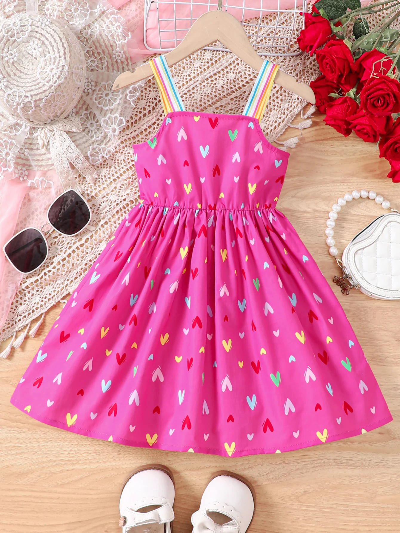 2024 Summer Special Girl\'s New Product, Fresh And Casual Dress, Rainbow Love Print, Children\'s Sling Dress