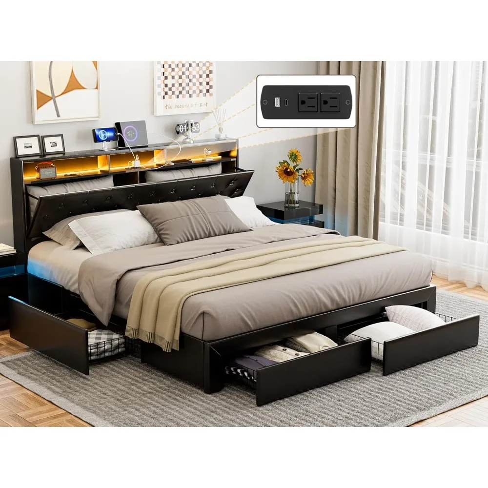 

Bed Frame with 4 Storage Drawers & Charging Station, LED Bed Frame