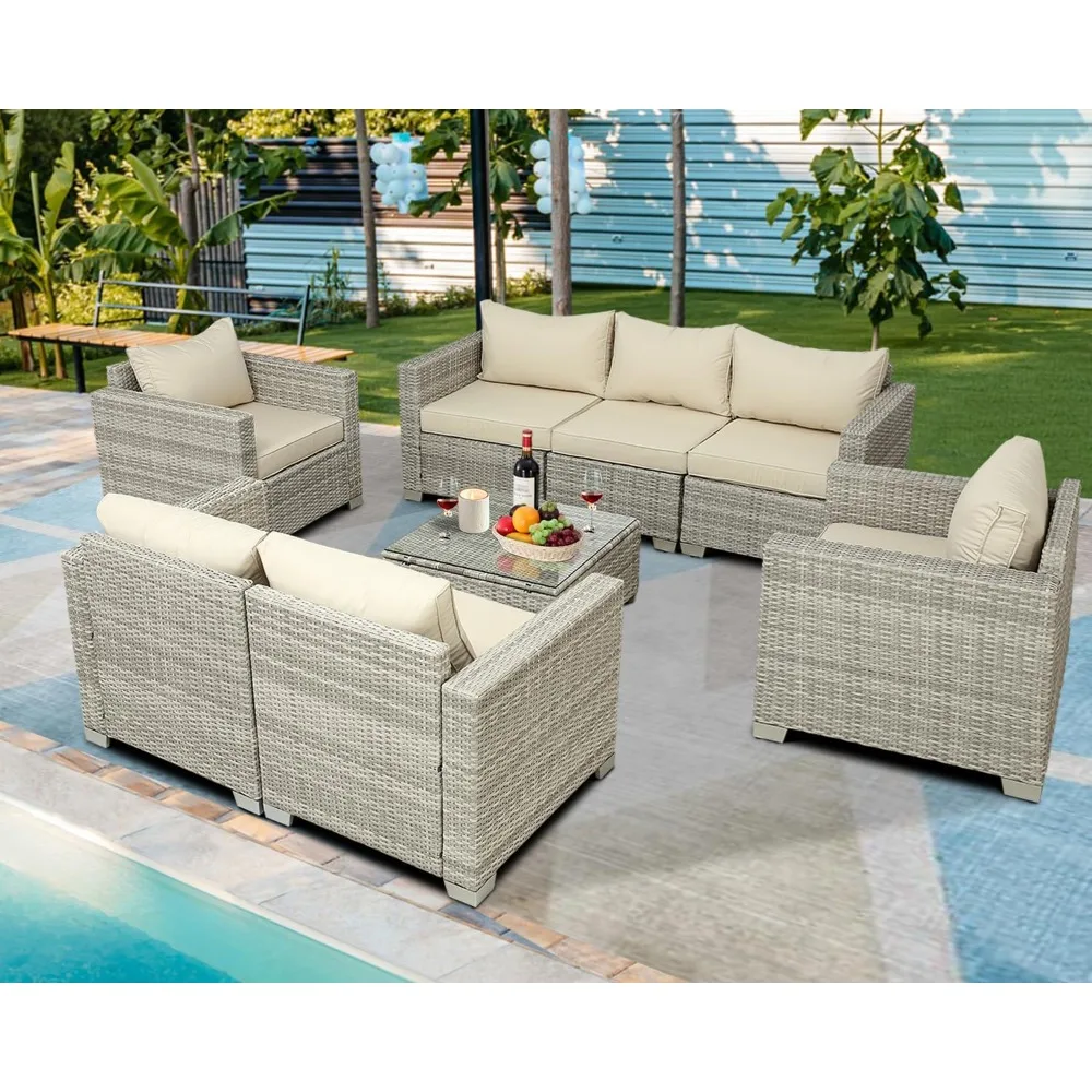 Conjunto de muebles de jardín, sofá seccional con mesa para Patio trasero, jardín, balcón, juego de 8 piezas