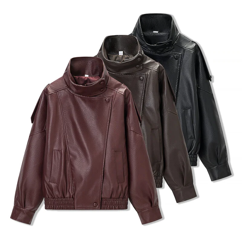 

2026 New Arrival Women Stand Collar Leather Jacket Lychee Grain Faux Leather Casual Loose Moto Coat 3 Colors for Daily & Office