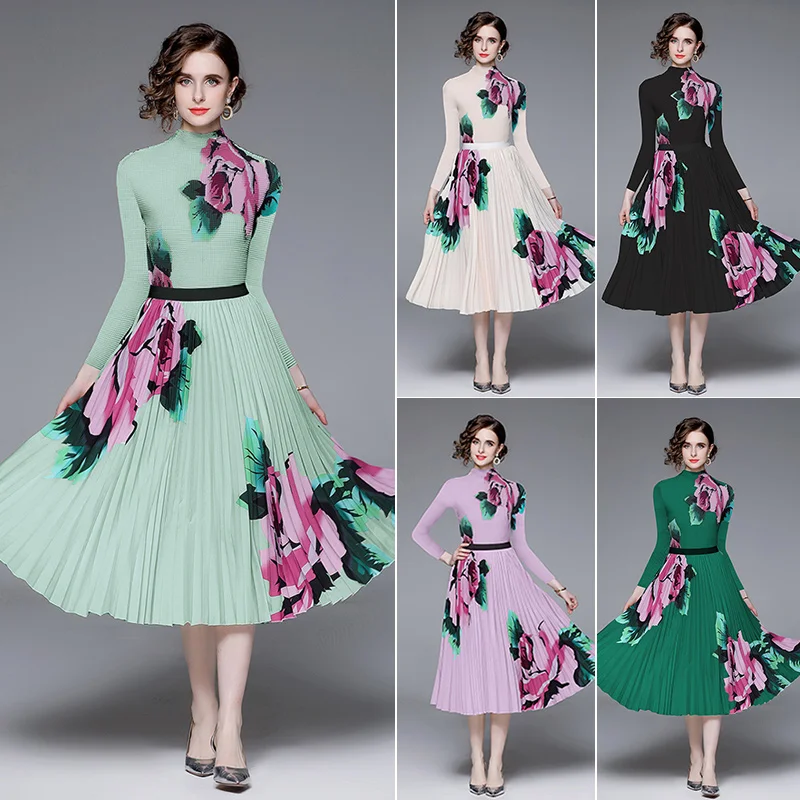 2024 Autumn Oversized Clothing Western Style Printed Three House Wrinkle Fashion Set Fashionable Chiffon pleated Skirt