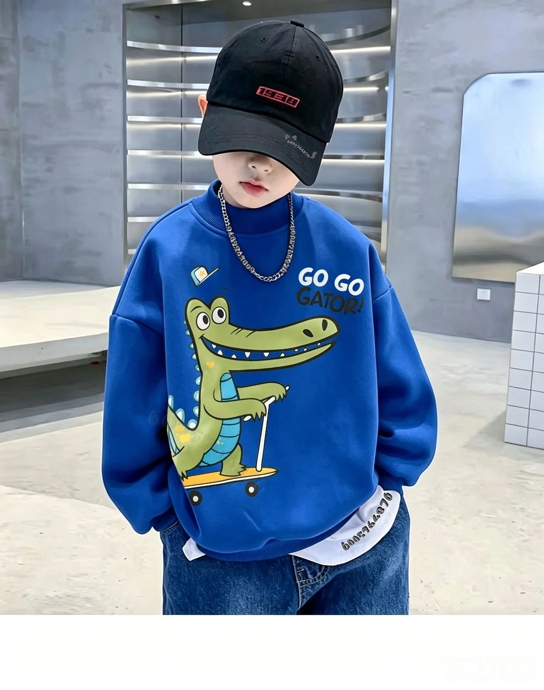 Children's Autumn-Winter Round-neck Hooded Sweater - Cartoon Crocodile Skateboard Print Casual Soft and Warm Pullover Top