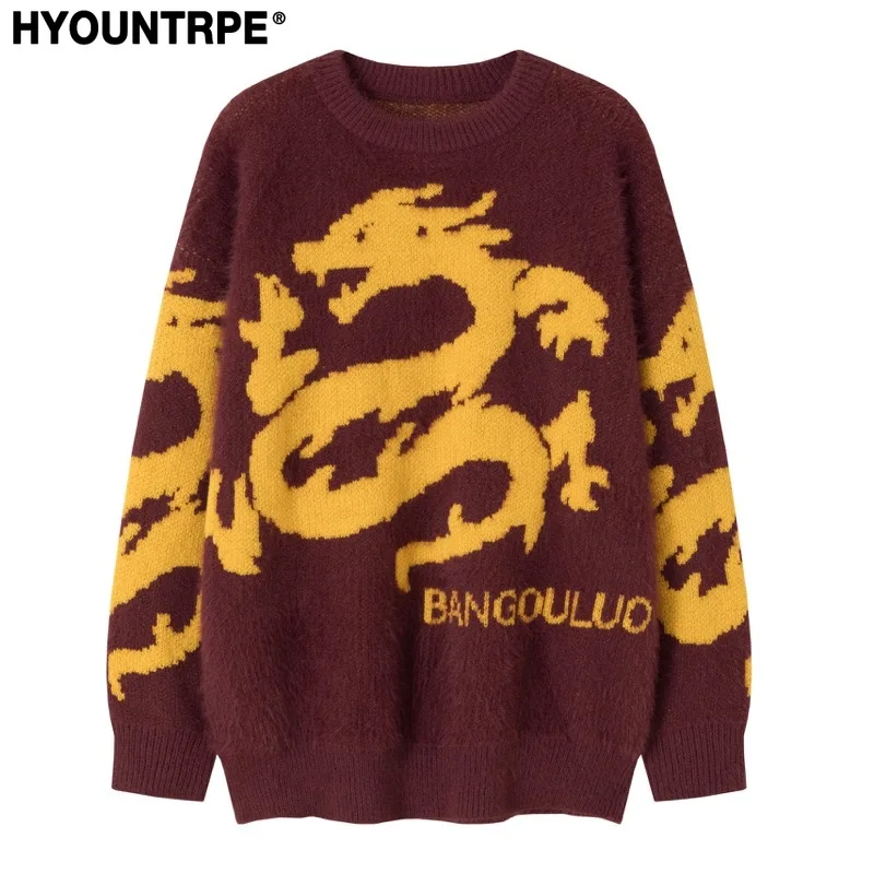 Hip Hop Knitted Sweater Men Winter O-neck Anime Chinese Dragon Pattern Pullover Streetwear Casual Loose Sweater Jumper Knitwear