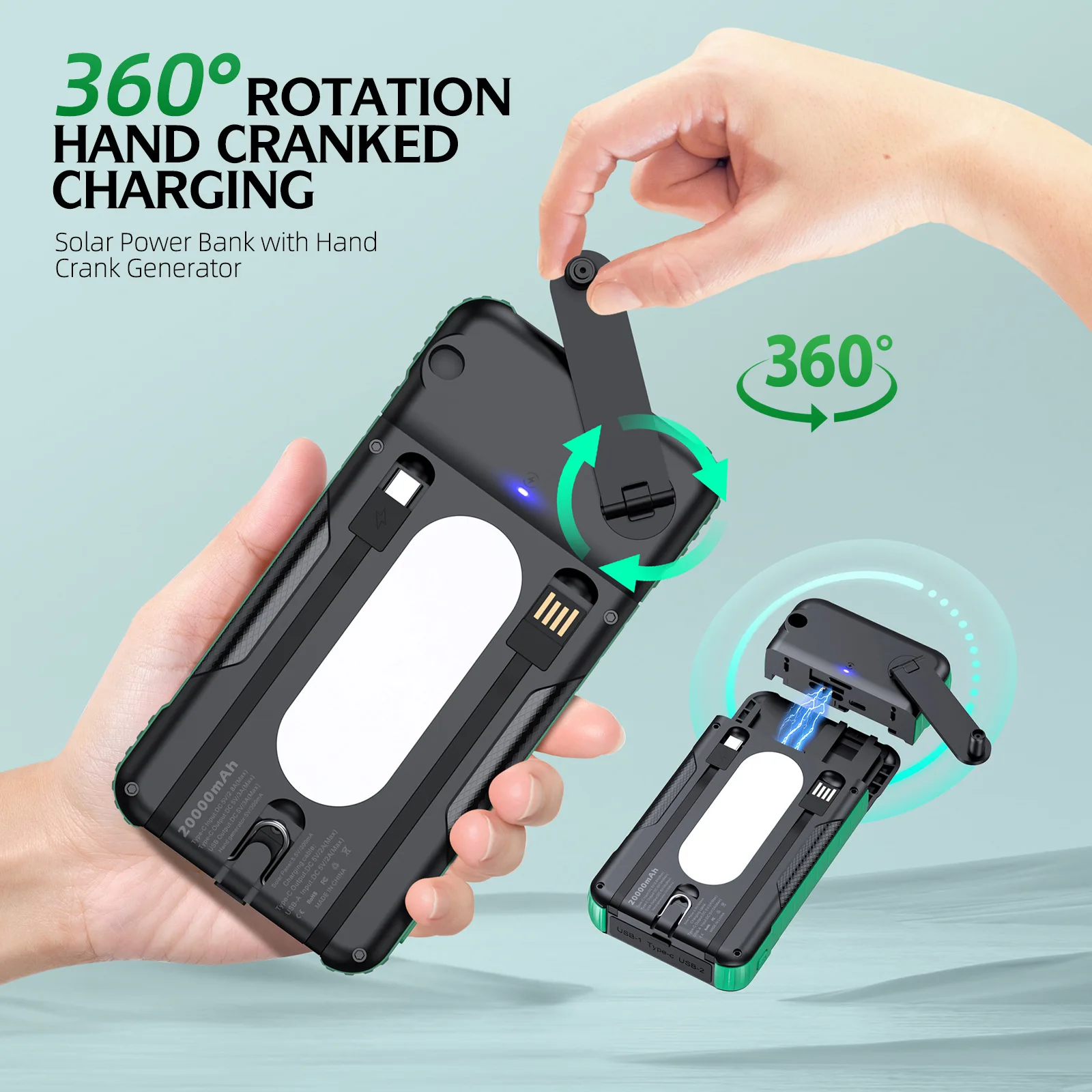 Hand Crank Solar Power Bank Outdoor Portable Charger 20000mAh Powerbank for iPhone Xiaomi Samsung Huawei External Spare Battery view 3