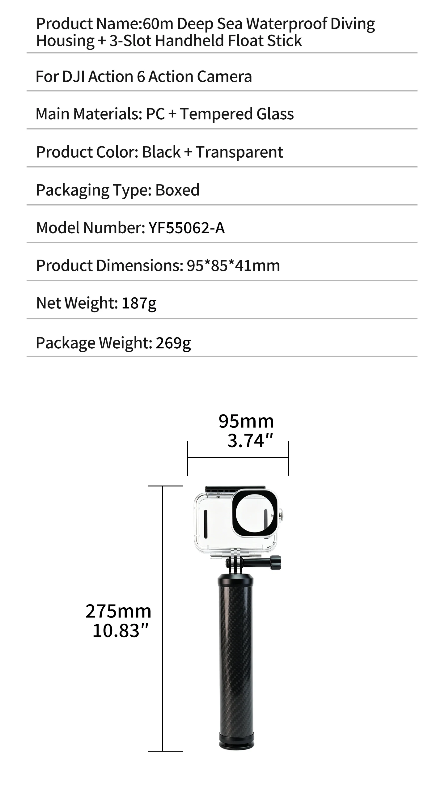 60M Wasserdichtes Gehäuse für DJI Osmo Action 6 mit Auftriebsstab-Griff, Hochtransparentes Tauchgehäuse für Action6 Kamera – Detail 11