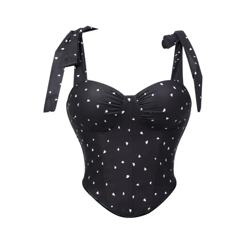 

Женский черный корсет-бюстгальтер с кружевом в горошек, на шнуровке, с бантом, топ-камизоль
