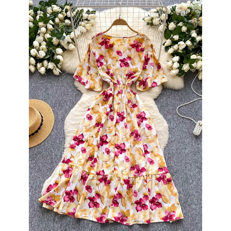Boho vintage donna estate scollo a V stampa floreale abito lungo elastico in vita volant Chic vestido de festa INS abito da vacanza al mare