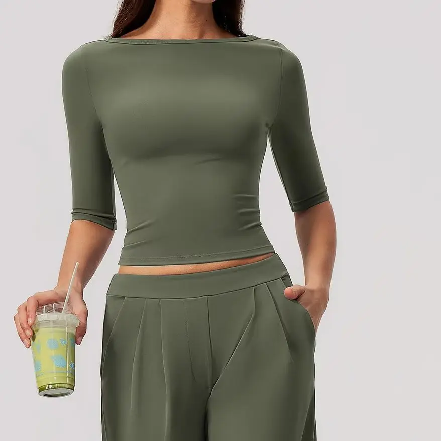 Yoga Mid Sleeve Slimming One Line Ship Neck Fitness High Elasticity Running Sport T-Shirt Top Women Breathable Yoga Short Sleeve