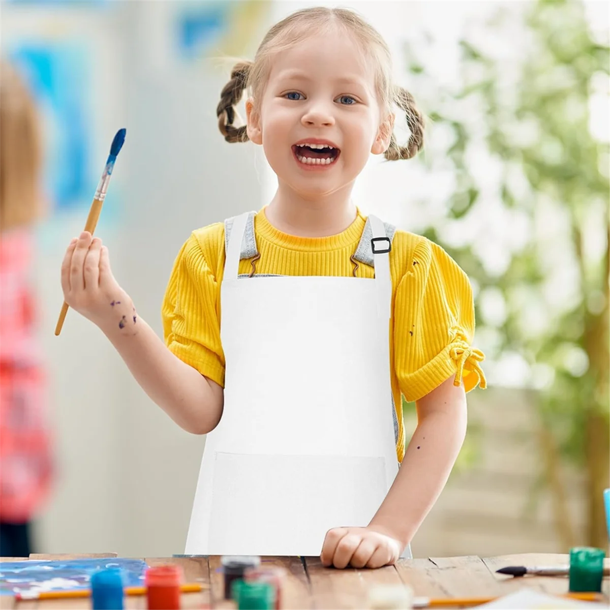 ABNQ 10 Pack Kids Apron Adjustable Children Apron with 2 Pockets Chef Painting Apron for Cooking Baking Painting White