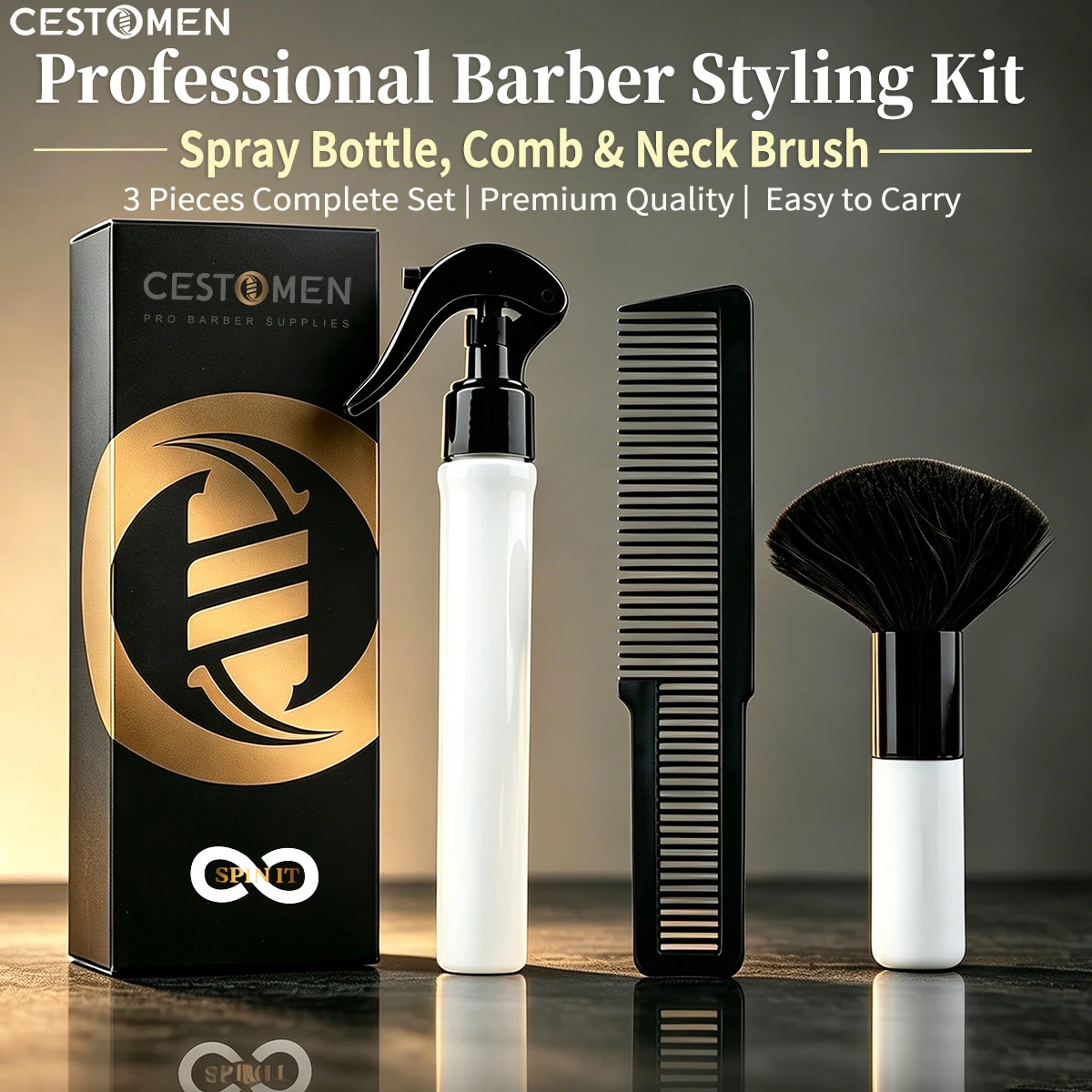 

3Pcs Professional Barber Styling Tools Kit With Fine Mist Sprayer Bottle Anti-static Haircut Comb Neck Duster Cleaning Brushes