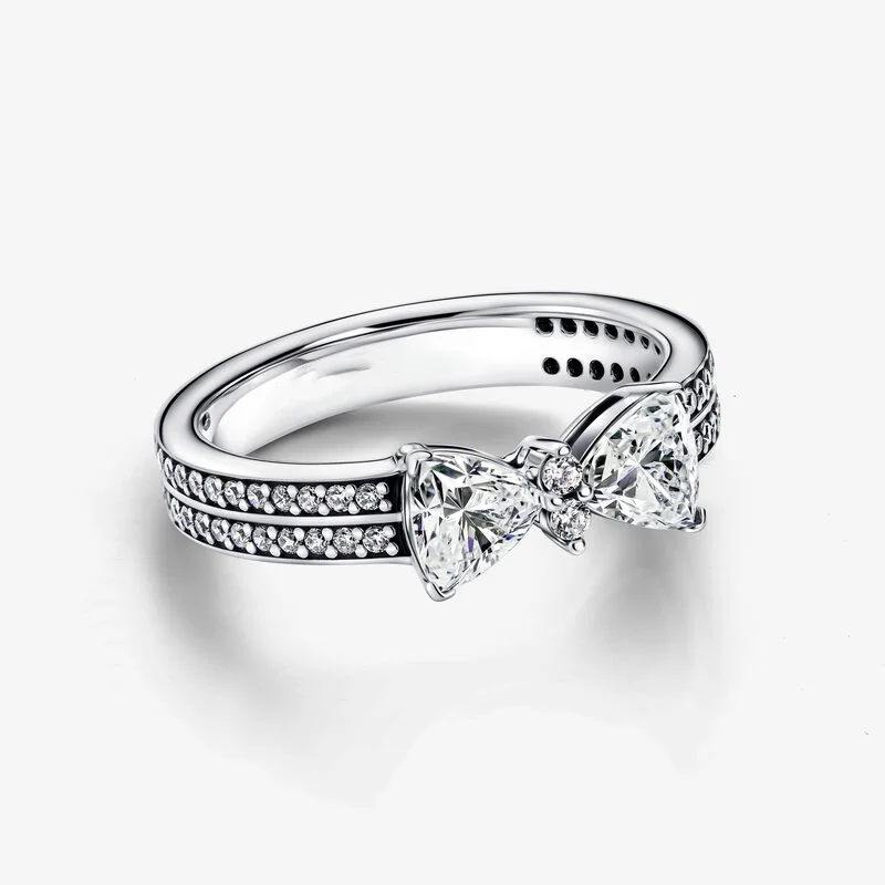 Sparkling Bow Double-row Ring 100% 925 Sterling Silver For Women Wedding Gift Original Jewelry Accessories