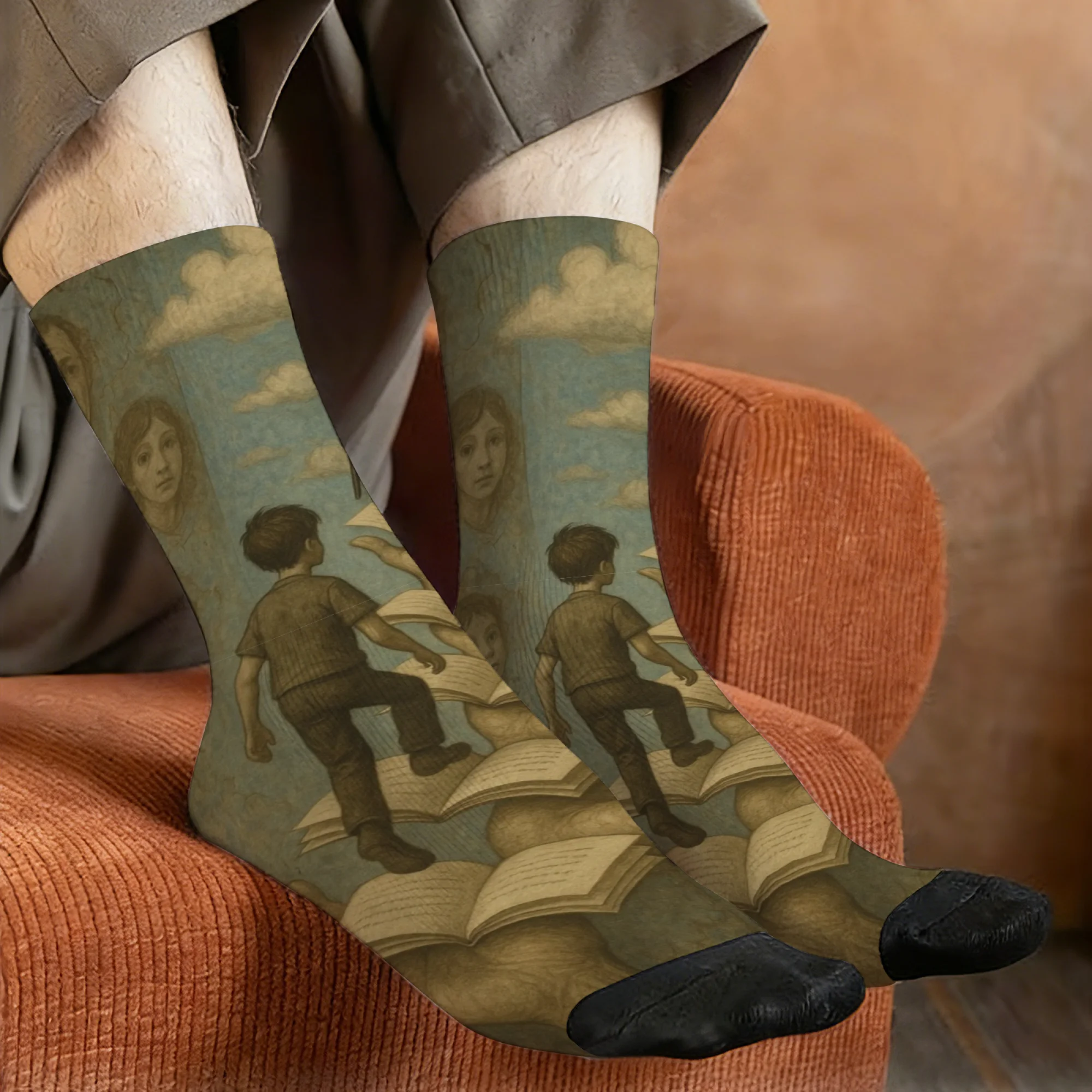 Retro-style literary book ladder dream-seeking casual socks, novel street trend knowledge-themed printed men's socks, fun gift.