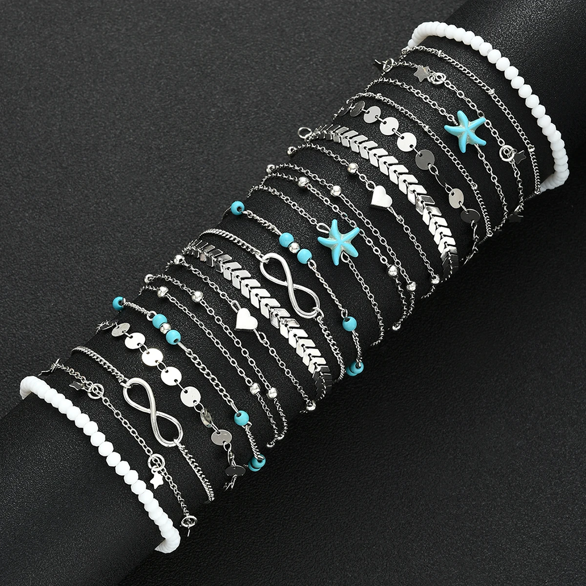 20Pcs/Set Boho Heart Imitation Pearl Anklet Sets for Women Fashion Infinity Sign Starfish Silver Color Anklets New Jewelry Gifts