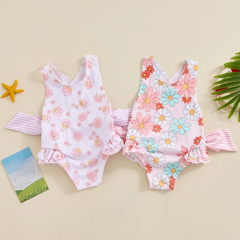 Hot Sale Toddler Kids Girls Swimsuit Floral Print Bowknot Beachwear Sleeveless Ruffles Summer Beach Bathing Suit 18M-6Y