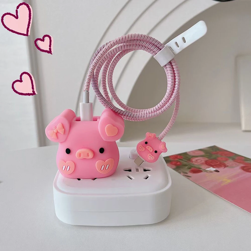 Cute Pink Pig Cable US Charger Protector Cover For iPhone 16 15 11 14 12 13 Pro Max 18W 20W Charger Data Line Protective Sleever