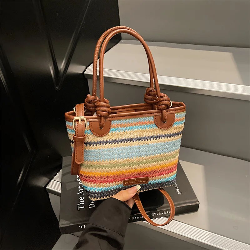 

2025 Summer Beach Tote Bag Striped Woven Shoulder Purse Boho Straw Handbag Stylish Vacation Crossbody for Women