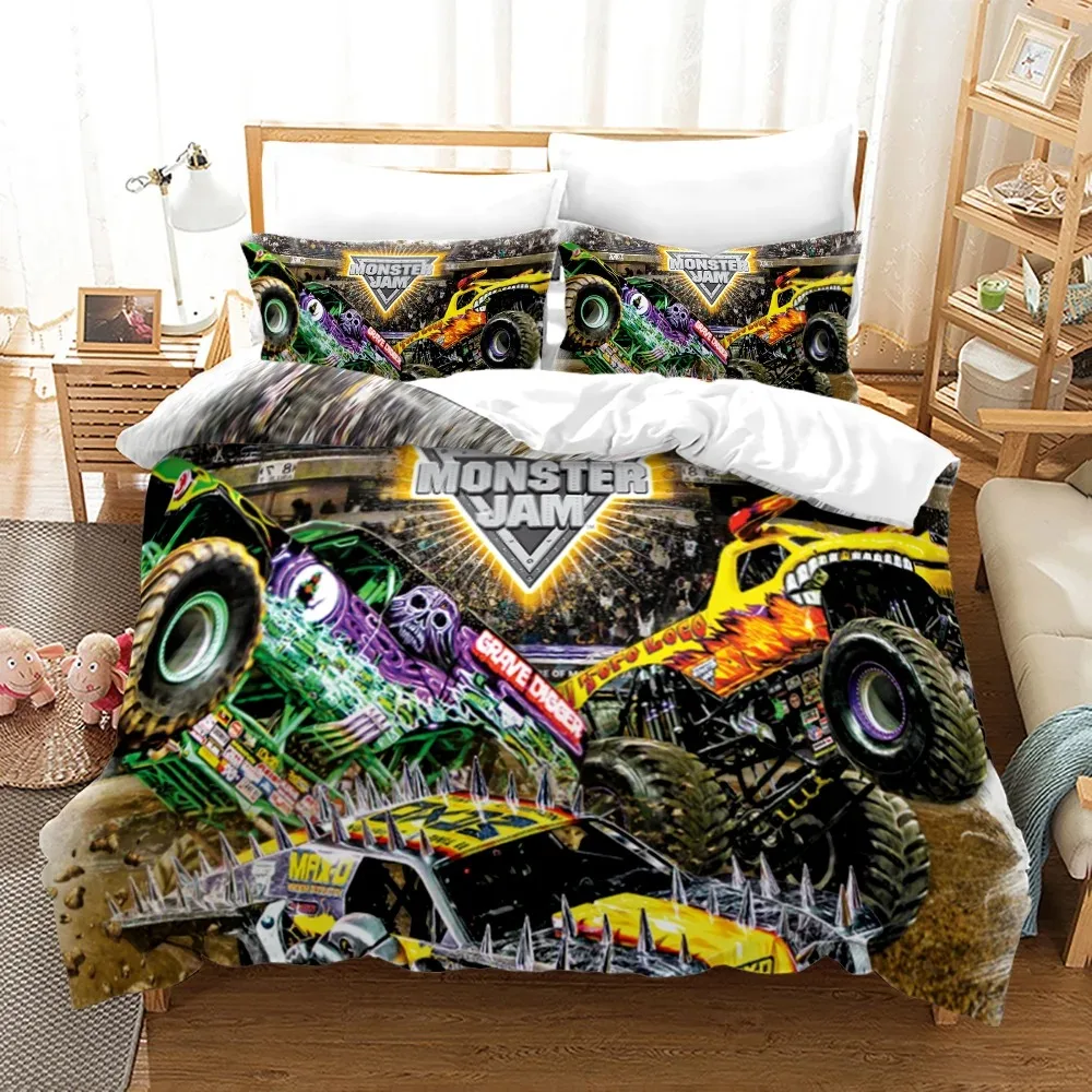 Ensemble de literie Monster Truck, housse de couette, taie d'oreiller, polyester, bleu automobile Monster 514 up